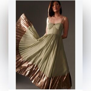 Anthropologie Green and gold Pleated Corset Dress